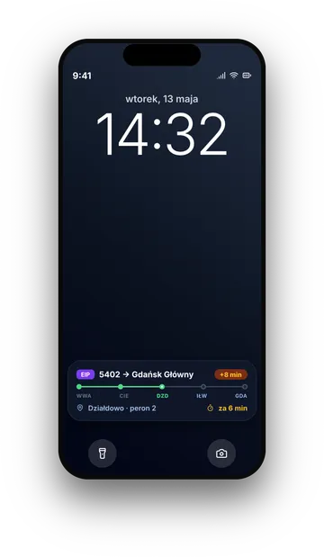 Ekran blokady iPhone'a z Live Activity śledzonego pociągu