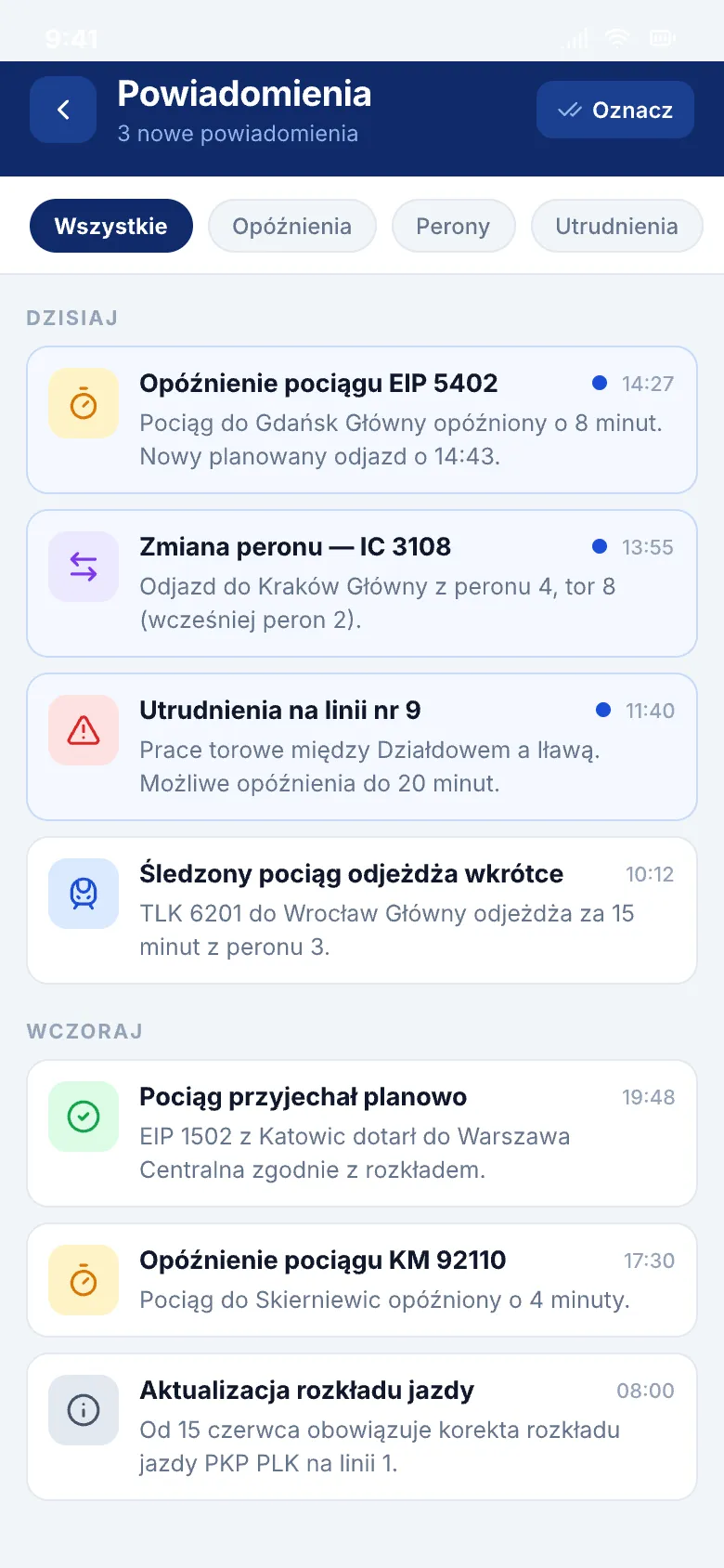 Lista powiadomień o opóźnieniach, zmianach peronu i utrudnieniach