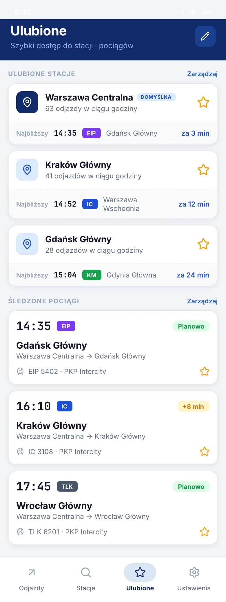 Lista ulubionych stacji z najbliższymi odjazdami