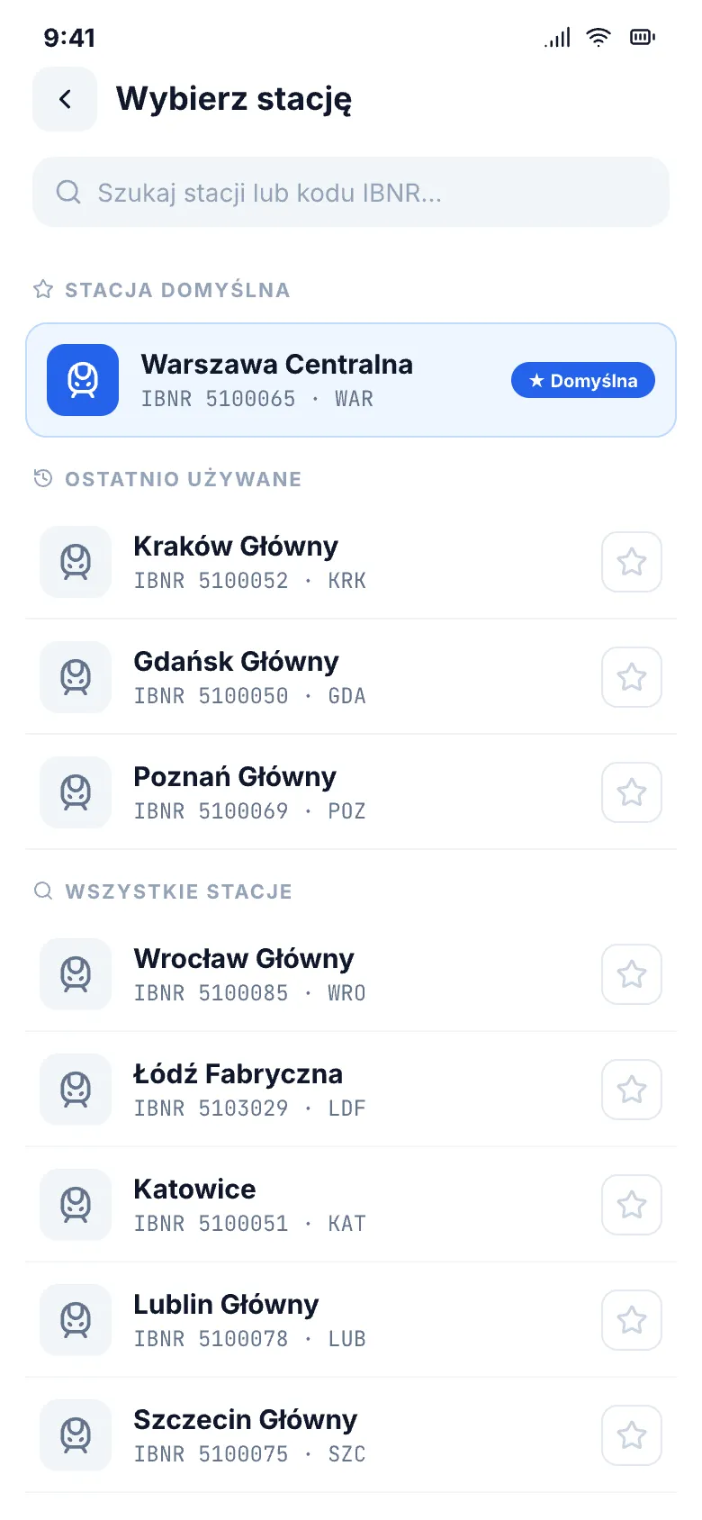 Wyszukiwarka stacji z ostatnio używanymi stacjami